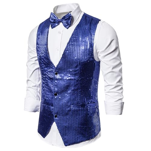 Anzugweste Für Herren - Herren Pailletten Weste Mit Fliege Slim Fit V Ausschnitt Dj Nachtclub Prom Weste Männer Party Hochzeit Bräutigam Weste Für Hochzeit/Business/Party, Blau, XXL von PONERY