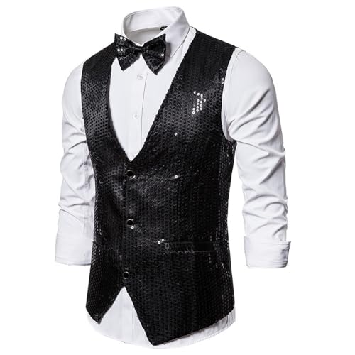 Anzugweste Für Herren - Herren Pailletten Weste Mit Fliege Slim Fit V Ausschnitt Dj Nachtclub Prom Weste Männer Party Hochzeit Bräutigam Weste Für Hochzeit/Business/Party, Schwarz, XXL von PONERY