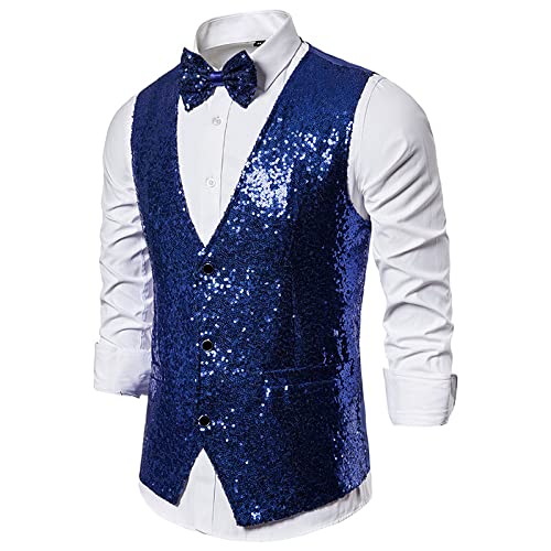 Anzugweste Für Herren - Männer Glänzend Gold Pailletten Glitzer Verzierte Blazer Weste Nachtclub Blazer Hochzeit Party Weste Bühne Sänger Kleidung Für Hochzeit/Business/Party, Blau, XXL von PONERY