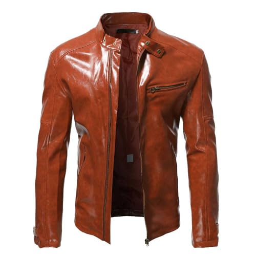 Herren Lederjacke - Männer Herbst Kausale Vintage Lederjacke Mantel Männer Frühling Outfit Design Motor Biker Pocket Pu Lederjacke Herren Bekleidung Streetwear Oberbekleidung,Dunkelbraun, von PONERY