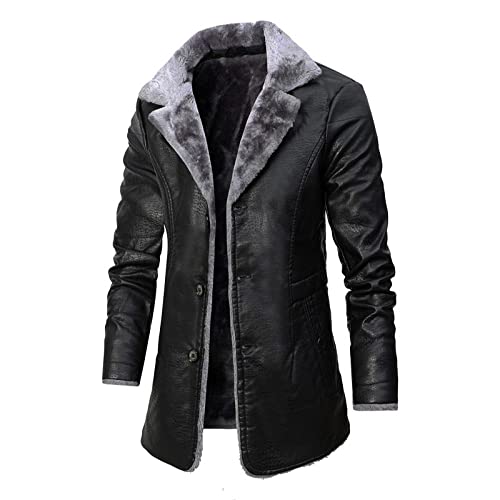 Herren Lederjacke - Winter Männer Lange Dicke Lederjacke Linner Parkas Male Casual Warm Faux Pu Bussiness Jacke Mantel Motor Vintage Outwear, Schwarz, 4XL von PONERY