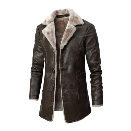 Herren Lederjacke - Winter Männer Lange Dicke Lederjacke Linner Parkas Male Casual Warm Faux Pu Bussiness Jacke Mantel Motor Vintage Outwear,Kaffee,3XL von PONERY