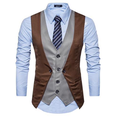 PONERY Anzugweste Für Herren - Fake Zwei Stücke Patchwork Anzug Westen Männer Slim Fit Business Ärmellose Weste Männer Hochzeit Smoking Westen Gilet Männer, Kaffee, L von PONERY