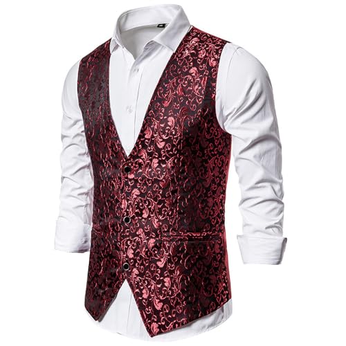 PONERY Anzugweste Für Herren - Frühling Herbst Luxus Gold Blumen Jacquard Kleid Westen Männer Ärmellose Weste Männer Gilet Homme Kostüm Business Hochzeit Smoking Westen,Rot,M von PONERY