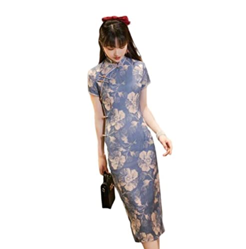PONERY Cocktailkleider Für Damen - Frauen Chinesisches Stil Kleid Cheongsam Retro Elegant Blau Qipao Cheongsam Plus Size China Sommerkleidung Qipao, Wie Gezeigt, M von PONERY