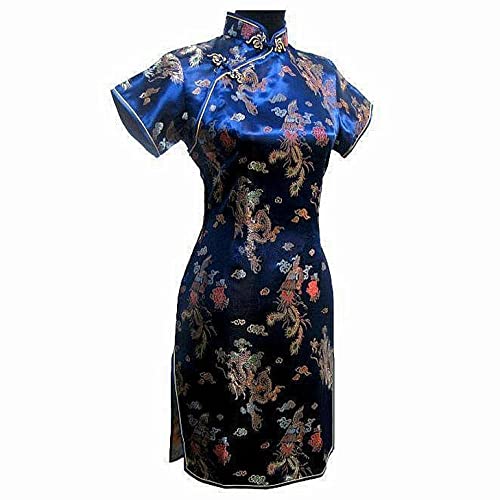 PONERY Cocktailkleider Für Damen - Frauen Sommer Kurze Kleid Chinesisch Satin Cheongsam Qipao Traditionelle Chinesische Kleid Orientalischer Stil Qipao Clubbing Kleid Party Brautkleider, Marinebla von PONERY