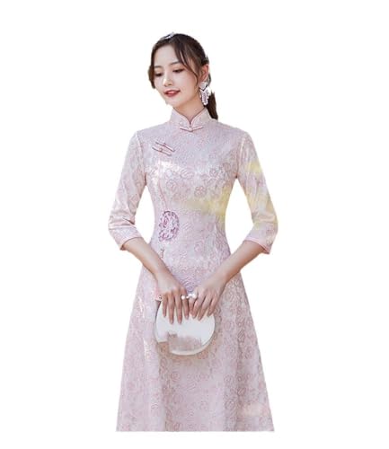 PONERY Cocktailkleider Für Damen - Winter Spitze Mittellang Täglich Cheongsam Herbst Winter Dreiviertelärmel Verbesserte A-Swing Chinesischer Stil Kleid Qipao Für Frauen Hochzeit Gästekleid, R von PONERY