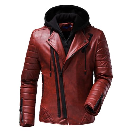 PONERY Herren Lederjacke - Bekleidung Männer Lederjacken Herbst Casual Motorrad Pu Jacke Biker Ledermäntel Kleidung Plus Size Herren Bekleidung Streetwear Oberbekleidung, Rot, XXL von PONERY