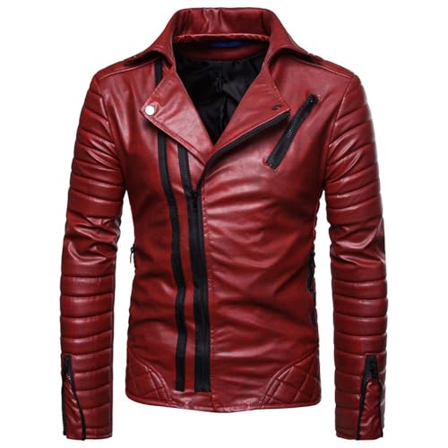 PONERY Herren Lederjacke - Herren Lederjacke Herbst Winter Style Mantel Herren Motorrad Lederbekleidung Multi-Reißverschluss Revers S-4Xl Herrenbekleidung Streetwear Oberbekleidung,Rot,L von PONERY