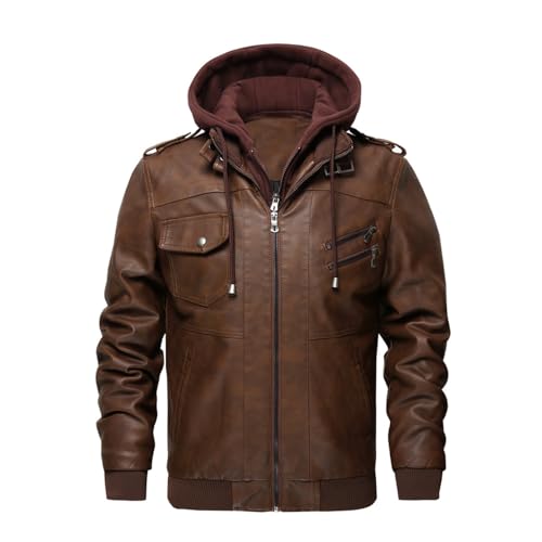 PONERY Herren Lederjacke - Herren Lederjacken Herbst Männer Mäntel Casual Motorrad Pu Jacke Herren Kapuze Biker Jacken Männliche Mode Tops Herren Bekleidung Streetwear Oberbekleidung, Braun, M von PONERY