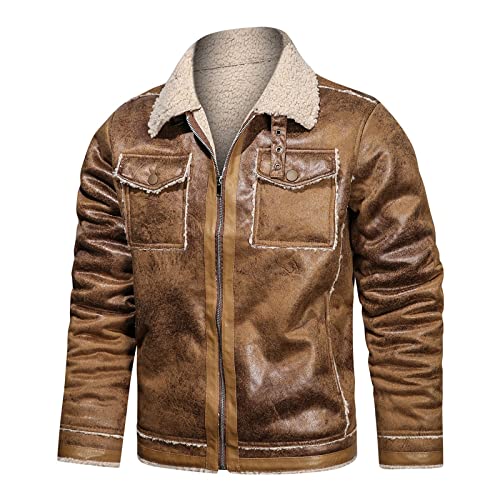 PONERY Herren Lederjacke - Herren Lederjacken Turn-Down-Kragen Motorrad Reißverschluss Männliches Fleece Dicke Pu-Mäntel Biker Kunstleder Oberbekleidung Für Männer Windbreaker Biker Coats, Bra von PONERY