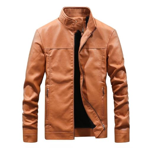 PONERY Herren Lederjacke - Herren Vintage Motorrad Jacke Herren Mode Stand Kragen Biker Lederjacke Männlich Bomber Mantel Winter Fleece Pu Mantel Für Männliche Windbreaker Biker Mäntel, Khaki, XXL von PONERY