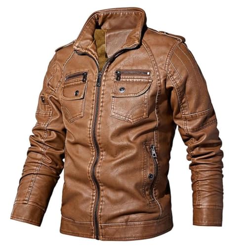 PONERY Herren Lederjacke - Herren Winter Lederjacken Herbst Business Casual Verdickung Fleece Mäntel Männliche Mode Bomber Motorrad Outwear Lederjacke Streetwear,Braun,4XL von PONERY