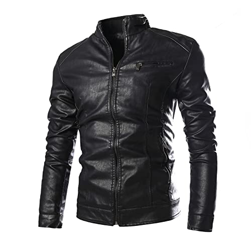 PONERY Herren Lederjacke - Lederjacke Männer Winter Fleece Motorrad Pu Leahter Jacke Männlich Stand Kragen Casual Windbreaker Slim Mantel Kleidung Streetwear Oberbekleidung,Schwarz,S von PONERY