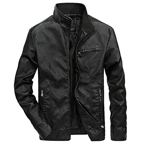 PONERY Herren Lederjacke - Männer Frühling Motor Casual Vintage Leater Jacke Männer Herbst Biker Rivet Taschen Pu Lederjacke Mantel Männer Für Männer Windbreaker Biker Coats, Schwarz, L von PONERY