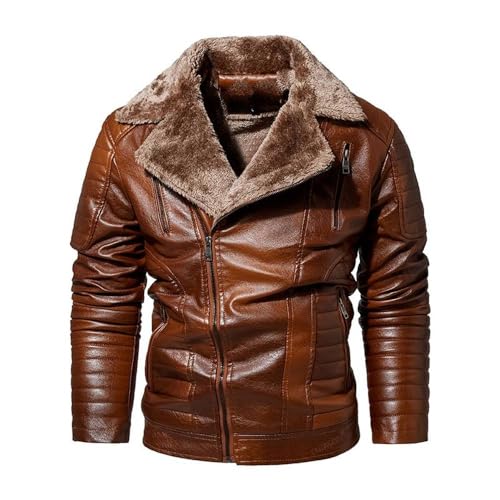 PONERY Herren Lederjacke - Männer Herbst Dicke Warm Fleece Lederjacke Mantel Herren Winter Outwear Casual Militär Bomber Motor Biker Lederjacken Für Männer Windbreaker Biker Mäntel, Braun, 3XL von PONERY