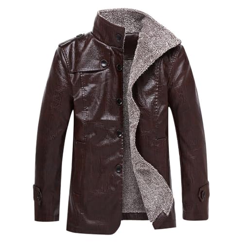 PONERY Herren Lederjacke - Winter Herren Lederjacke Plus Samt Pu Leder Männlich Große Größe Pu Leder Jacke Herren Solid Color Slim Coat Bomber Jacke Männer, Braun, L von PONERY