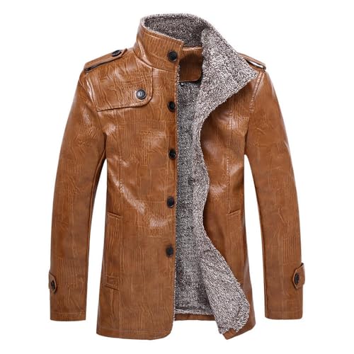 PONERY Herren Lederjacke - Winter Herren Lederjacke Plus Samt Pu Leder Männlich Große Größe Pu Lederjacke Herren Solid Color Slim Coat Bomber Jacke Männer, Khaki, L von PONERY