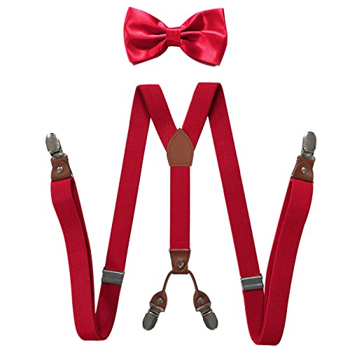 PONERY Herren Zahnspangen Y Form - 2,5 * 115Cm Herren Hosenträger Erwachsene 4 Clip Straps Unisex Elastische Y-Type Strap Breite Hosenträger Männer Fliege Set Für Männer Jockstrap, Rot von PONERY