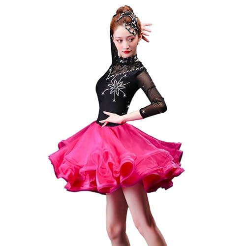 PONNYC B,S, Langärmliges Latein Tanz Outfit Für Damen Netz Splice Gesellschafts Tanz Auftritts Kleider Rundhals Tango Tanzkleidung Salsa Tanzkleidung Mit Strass von PONNYC