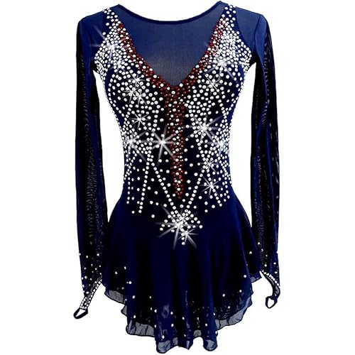 PONNYC Blau,11/13, Eiskunstlauf Wettkampf Kleid Für Damen Langärmliger Eislaufrock Für Kinder Rhythmische Gymnastik Turnanzüge Winter Sport Outfit Mit Glänzenden Strasssteinen von PONNYC