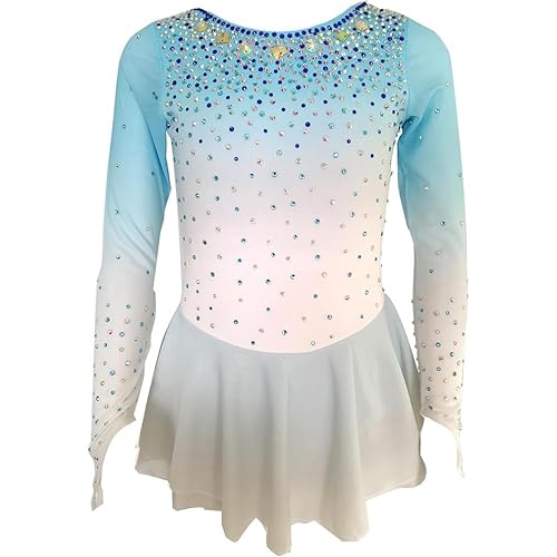 PONNYC Blau,11_13years, Eiskunstlauf Kleid Mit Farbverlauf Für Mädchen Eislaufrock Kunstturnen Gymnastik Trikotanzüge Für Kinder Rollschuhbekleidung Mit Glitzernden Strasssteinen von PONNYC