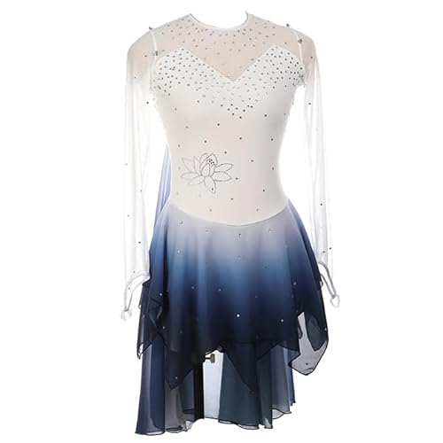 PONNYC Blau,7/10, Eislauf Kleid Mit Farbverlauf Für Damen Netzspleiß Eiskunstlauf Wettkampfbe Kleidung Outdoor Sport Kostüm Mit Glänzendem Kristall Rhythmische Sport Gymnastik Turnanzug von PONNYC