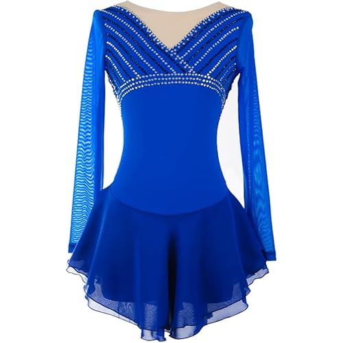 PONNYC Blau,M, Damen Eislaufen Rock Für Den Wettbewerb Lange Ärmel Eiskunstlauf Kleid Hohe Elastizität Gymnastik Tanz Kleidung Blitzdiamant Team Sport Kostüme von PONNYC