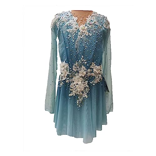 PONNYC Blau,S, Professionelles Eiskunstlauf Kleid Für Damen Blumen Eislauf Kostüm Farbverlauf Rhythmische Sport Gymnastik Turnanzug Winter Sportbe Kleidung Aus Glänzendem Kristall von PONNYC