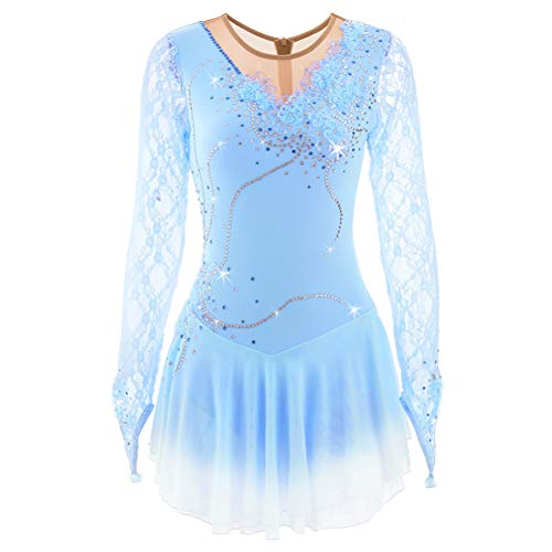 PONNYC Blau,XXL, Mädchen Klassische Figur Skating Kleider Rhythmische Gymnastik Trikots Für Profi Longärmeln Spitzen Mode Gradient Kids Eislauf Wettbewerbsrock von PONNYC