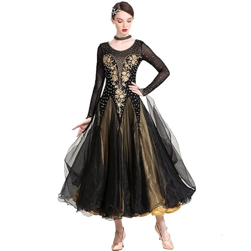 PONNYC Damen Ballsaal Tanzkleider Rundhals Salsa Tanz Outfit Netzspleiß Walzer Leistung Kostüm Sozial Tanzkleidung Mit Strass Stickerei,Gold,L PONNYC Damen Ballsaal Tanzkleider Rundhals Salsa Tanz Outfit Netzspleiß Walzer Leistung Kostüm Sozial Tanzkleidung Mit Strass Stickerei,Gold,L von PONNYC