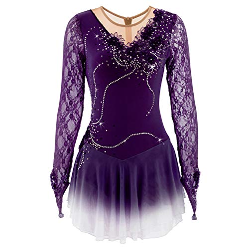 PONNYC Lila,15/16, Mädchen Klassische Figur Skating Kleider Rhythmische Gymnastik Trikots Für Profi Longärmeln Spitzen Mode Gradient Kids Eislauf Wettbewerbsrock von PONNYC