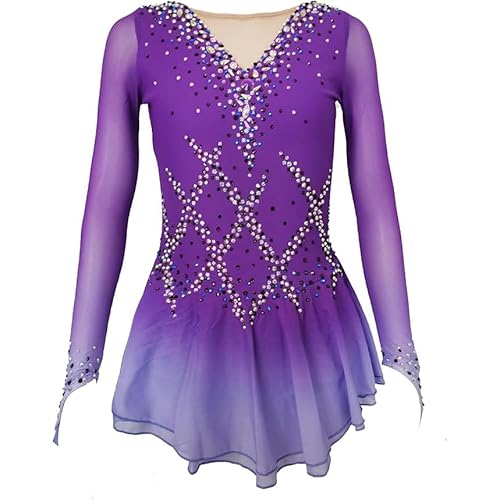 PONNYC Lila,XXXL, Eislauf Kleider Für Damen Langärmlige Eiskunstlauf Kleidung Für Mädchen Kunstlauf Gymnastikanzüge Mit Farbverlauf Outdoor Sport Kostüme Mit Glitzernden Strasssteinen von PONNYC