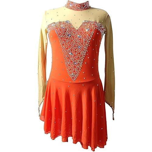 PONNYC Orange,4/6, Mädchen Eiskunstlauf Wettkampf Kleid Handgemachte Artistic Gymnastik Trikots Langarm Eislaufen Kostüme Glänzende Strass Winter Sport Kleidung von PONNYC