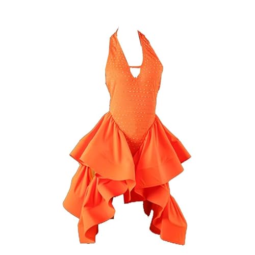 PONNYC Orange,L, Damen V-Ausschnitt Lateinamerikanische Tänzerock Rückenfreie Gesellschafts Tanz Kleider Ärmelloses Cha Cha Wettkampf Tanzoutfit Tango Tanzkleidung Mit Strass von PONNYC