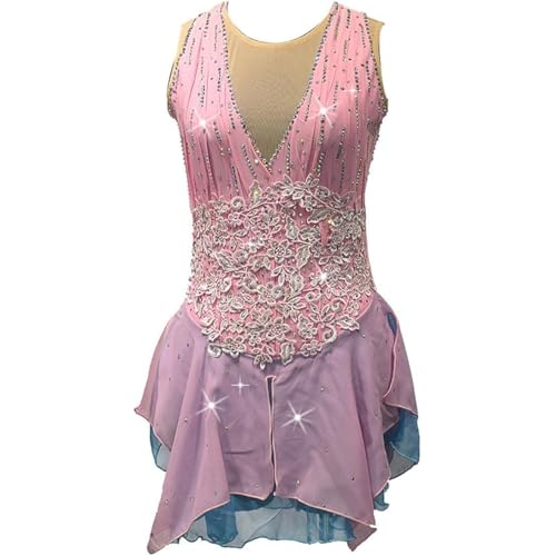 PONNYC Rosa,XL, Professionelles Eislaufkleid Ärmellose Eiskunstlauf Kleider Für Mädchen Rollschuh Kostüme Mit Aufklebern Glänzende Strass Kunstturnen Trikots von PONNYC