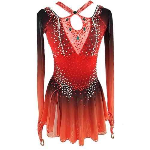 PONNYC Rot,L, Professionelles Eiskunstlauf Kleid Rollschuh Kleidung Aus Netz-Splice Für Mädchen Gymnastik Tanzröcke Mit Farbverlauf Für Damen Flash Diamond Eislaufkleider von PONNYC