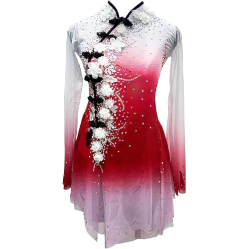 PONNYC Rot,XL, Rückenfreier Eislaufrock Für Mädchen Gymnastikbekleidung Mit Farbverlauf Für Damen Eiskunstlauf Kleider Mit Glänzenden Kristallen Rhythmische Gymnastik Turnanzüge von PONNYC