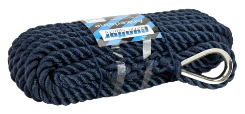 PONTTOR Ankerleine mit eingespleißter NIRO Kausch Bootsseil Bootsleine Tauwerk Seil Leine Festmacher Polyester 3-Fach geschlagen für Anker Bootsanker Marineblau Größe 12 mm x 6 m von PONTTOR