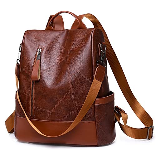 PORRASSO Anti Diebstahl Rucksack Damen Schultertasche Frauen Daypack wasserdichte PU Leder Umhängetasche Schule Arbeit Freizeit Rucksäcke Braun von PORRASSO