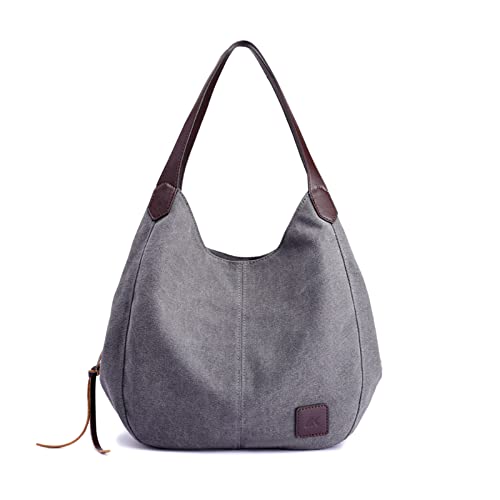 PORRASSO Damen Handtasche Canvas Hobo Schultertasche Mädchen Tote Bag Shopper Henkeltasche für Schule Reisen Arbeit Grau PORRASSO Damen Handtasche Canvas Hobo Schultertasche Mädchen Tote Bag Shopper Henkeltasche für Schule Reisen Arbeit Grau von PORRASSO
