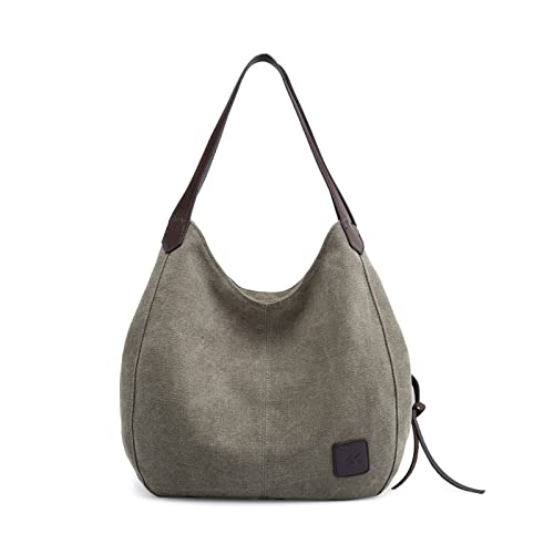 PORRASSO Damen Handtasche Canvas Hobo Schultertasche Mädchen Tote Bag Shopper Henkeltasche für Schule Reisen Arbeit Grün von PORRASSO