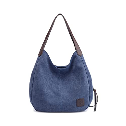 PORRASSO Damen Handtasche Canvas Hobo Schultertasche Mädchen Tote Bag Shopper Henkeltasche für Schule Reisen Arbeit Navy Blau von PORRASSO