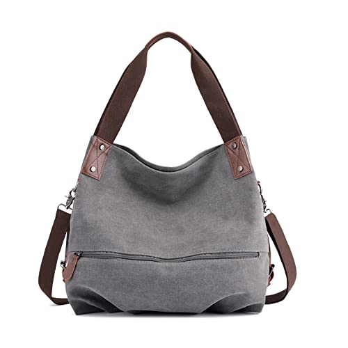 PORRASSO Damen Handtasche Casual Schultertasche Segeltuch Umhängetasche Frauen Hobotasche Crossbody Bag für Schule Reisen Arbeit Täglicher Gebrauch Grau von PORRASSO