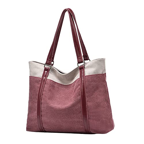 PORRASSO Damen Handtasche Groß Schultertasche Casual Shopper Leinwand Strandtasche für Büro Schule Arbeit Reisen Rot PORRASSO Damen Handtasche Groß Schultertasche Casual Shopper Leinwand Strandtasche für Büro Schule Arbeit Reisen Rot von PORRASSO