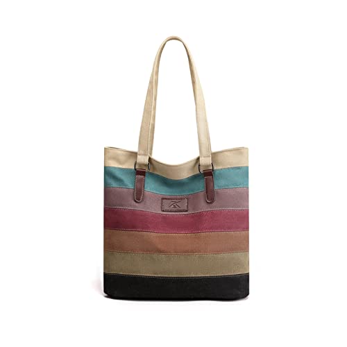 PORRASSO Damen Handtasche Multi-Color-Striped Schultertasche Canvas Hobo Shopper Henkeltasche für Einkaufen Schule Reisen Arbeit Mehrfarbig von PORRASSO