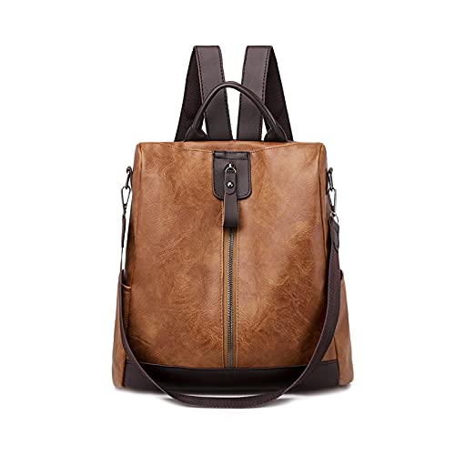 PORRASSO Damen Rucksack Anti Diebstahl Schultertasche mit Kopfhörerloch Frauen Daypack wasserdichte PU Leder Umhängetasche Schule Arbeit Reise Rucksäcke Braun von PORRASSO