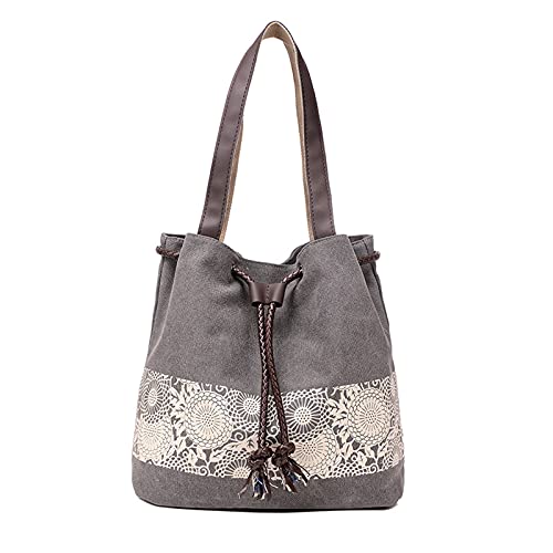 PORRASSO Damen Schultertasche Canvas Tote Umhängentasche Retro Kordelzug Beuteltasche Frauen Shopper Tasche Handtasche für Arbeit Schule Reise Täglicher Gebrauch Grau von PORRASSO