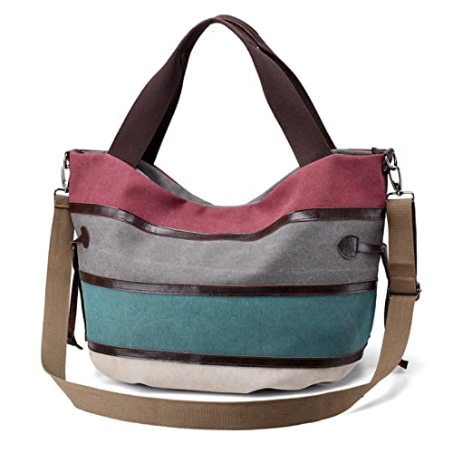 PORRASSO Damen Schultertasche Große Canvas Handtaschen Multi Color-Striped Umhängetasche Frauen Hobotasche Crossbody Bag für Arbeits Reisen Täglicher Gebrauch Rot von PORRASSO