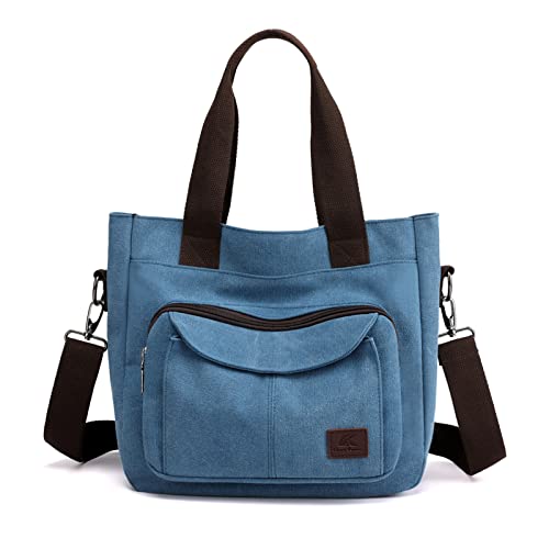 PORRASSO Damen Umhängetasche Canvas Schultertasche Handtasche Hobotasche Tote Mädchen Crossbody Bag für Shopping Reisen Arbeit Täglicher Gebrauch Blau PORRASSO Damen Umhängetasche Canvas Schultertasche Handtasche Hobotasche Tote Mädchen Crossbody Bag für Shopping Reisen Arbeit Täglicher Gebrauch Blau von PORRASSO